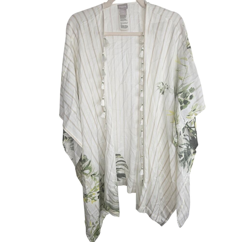 Chicos Tropical Duster Kimono Size L/XL Striped Tasseled Island Beach Ruana Open